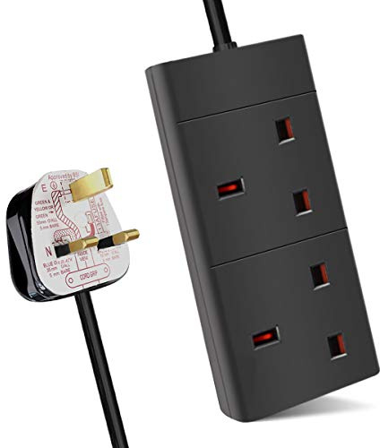 ExtraStar 2 Way Extension Lead, 13A Fused UK Plug Extension Socket, 1M Extension Cable Power Strip - Black