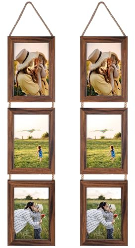 Lavezee 4x6 Collage Triple Picture Frames Set, Walnut Brown 6 Opening Hanging Vertical Frame Made to Display 4 by 6 Inch Photo Print for Wall Decor