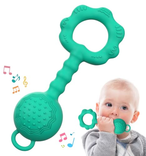 Teethers for Babies 6-12 Months, Rattles for Babies 0-6 Months, 2-in-1 Rattle and Teether Toy for Soothing Sore Gums and Keeps Little Ones Entertained, Food Grade Silicone (Spearmint)