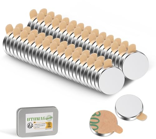 UTOMAG Lot de 52 Aimants Adhésifs Puissants 10x2mm, Aimants Ronds Autocollants en Néodyme pour Tableau Blanc, Réfrigérateur, Cuisine, Artisanat, Bricolage et Photos