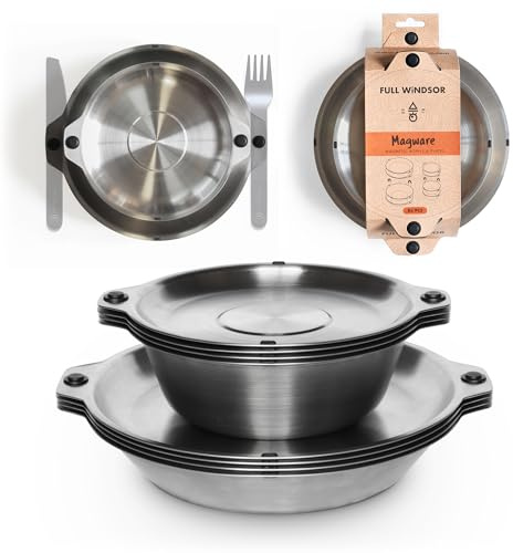 FULL WiNDSOR MAGWARE - Kit magnetico da campeggio con piatti e ciotole, set completo di piatti e utensili, facile da pulire, set di stoviglie in acciaio inox, per bambini