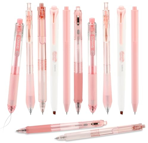 Auauraintt Lot de 12 stylos gel,Lot de 10 stylos à encre gel à séchage rapide Encre noire 0.5 mm + 2 surligneur coloré,stylos gel rétractables,pour enfants, étudiants, école, bureau (Rose)