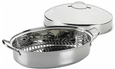 CHFYIJYHM Ensemble de rôtissoire Ovale en Acier Inoxydable – Plat à rôtir avec Grille et Couvercle – Compatible Induction, Passe au Lave-Vaisselle, Passe au Four, rôtissoire à Dinde(Regular)