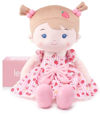 LeyaDoll Soft Baby Doll Toys (16''), My First Baby Rag Doll for 1 Year-Old Girl Birthday Gift, Christmas Plush Toys Gift for Toddler Kids Infants-Strawberry-Girl
