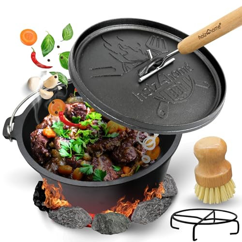 holz4home® Dutch Oven Set [9L, Ohne Füße] I Eingebrannter Feuertopf Gusseisen I Schmortopf mit Deckelheber und Zubehör I Dopf Kochtopf Bräter für Garten Lagerfeuer Camping