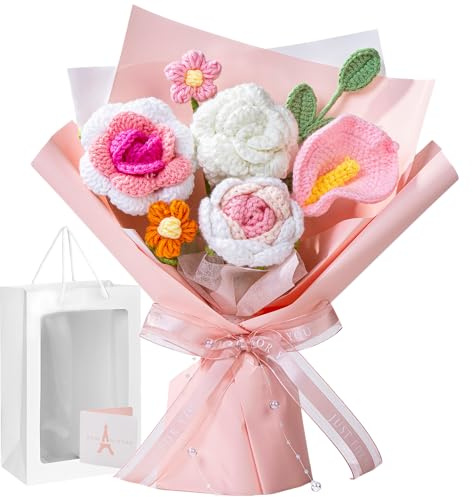 MengxFly Crochet Flower Bouquet Pink, Handmade Crochet Flowers Bouquet, Knitted Floral Gift for Her, Mothers Day Birthday for Women Wife Mom Girlfriend with Gift Box Bag and Card