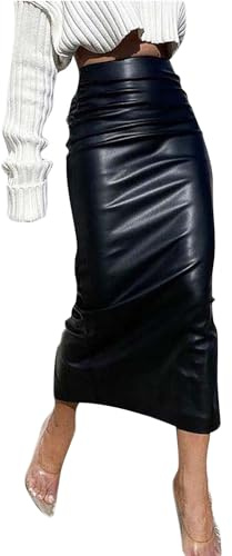 Gonna corta con elastico, da donna, in ecopelle, slim fit, traspirante, da concerto, a matita, a pieghe, Nero , M