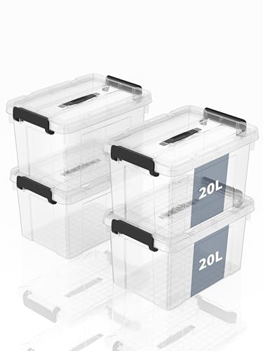 SpaceXpert Aufbewahrungsboxen, Lagerboxen, Tragefähige Kunststoffboxen mit Griff, Stapelfähiger Organisationsbehälter für Schlafzimmer, Unrat, Schule, Transparent, 20L (4er Set)