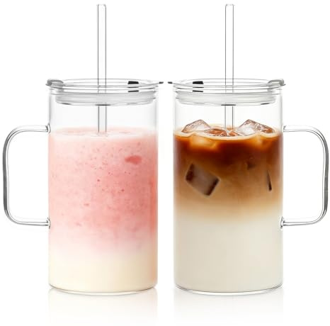SoulTimes 770ml Large Clear Glass Tumbler with Handle and Lid - Set of 2, Glass Cups with Glass Straws, Sleek and Clear Look - Perfect for Iced Coffee, Tea, Smoothies, and Cocktails