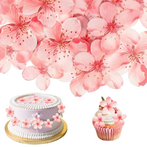 Nogeqi 50 stycken ätbara körsbärsblommor för tårtdekoration, tårtdekoration, ätbara blommor, rosa, våffelpapper för cupcakes, bröllop, födelsedag, jubileumsdekoration