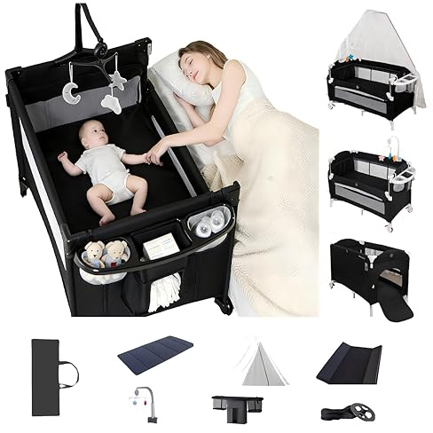 Aveainelle Pack and Play Babyresespjälsäng, hopfällbar och omvandlig babyvagga, justerbar babykorg, medmyggnät (Svart med nät)