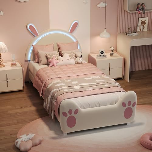 Kinderbett 90x200 cm mit Hasen-Design, Polsterbett mit LED-Hasenohren & Klett-Gesichtern, Jugendbett Mädchen & Jungen mit Lattenrost, DIY-Stoffaufkleber & Stauraum, Rosa/Weiß (Rosa/Weiß, 90x200cm)