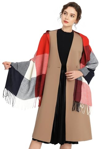 Miss Lulu Winter Schal Damen Oversized – kuschelig warmer karierter Wollschal mit langen Fransen, Weihnachtsschal für Frauen, Mama & Freundin oder für Alltag (Rot)
