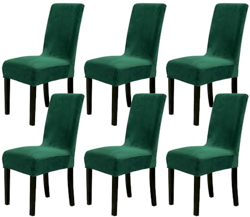 Chickwin Stuhlhussen 6er Set, Samt Dehnbarer Stuhlbezug, Waschbarer Hohen Zurück Stuhlhussen Slipcover Für Esszimmer, Hotel, Küche, Bankett, Partys,Abnehmbaren Stuhl Schutz -Dunkelgrün