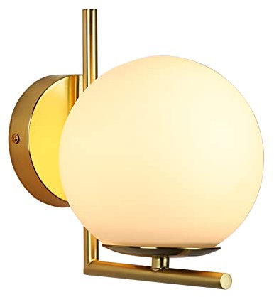 BARCELONA LED – Aplique de pared Margaret, con Pantalla Esférica de Cristal Opalino. Lámpara de pared diseño Elegante Dorado casquillo E27 G45 para salón, comedor, dormitorio