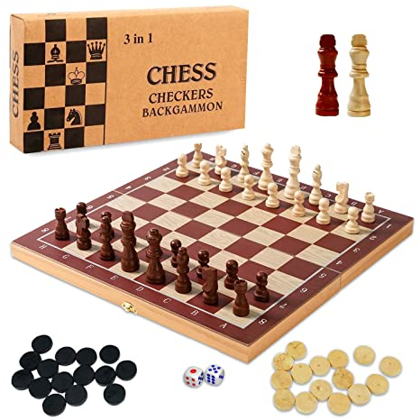 jiuzcare Schahschpiel 24x24 cm 3 in 1 Schachspiel International Schach Klappbares Tragbare Schachbrett aus Holz Handgefertigt Einklappbar Schachbrett Pädagogische für Kinder Erwachsene Familie Reisen
