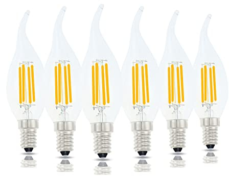 Lamsky E14 LED Bulb European Base 4W LED Chandelier Light Bulbs Dimmable 40W Equivalent,Flame Tip Candelabra LED Bulbs,110V 2700K Warm White,6 Pack
