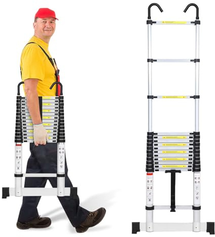 Cecaylie Teleskopleiter Aluminium Mehrzweckleiter 4,4M mit 2 Abnehmbarem Haken, Leiter Teleskop-Design, 150 kg/330 Pfund Belastbarkeit, Stehleiter Rutschfester, Silber