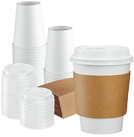 GUSTO [50 Sets - 12 oz. Disposable White Coffee Cups with White Lids, Sleeves - To Go Paper Hot Cups (Formerly Comfy Package)
