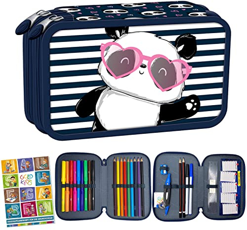 Goldkids 2-fache Federtasche Federmappe Federmäppchen 26-teilig gefüllte Schüleretui Stifte und Pinsel inkl. Aufgabenheft Federbox Etui Stiftetasche Schlamper-Etui Schul-Etui Schüleretui Love Panda