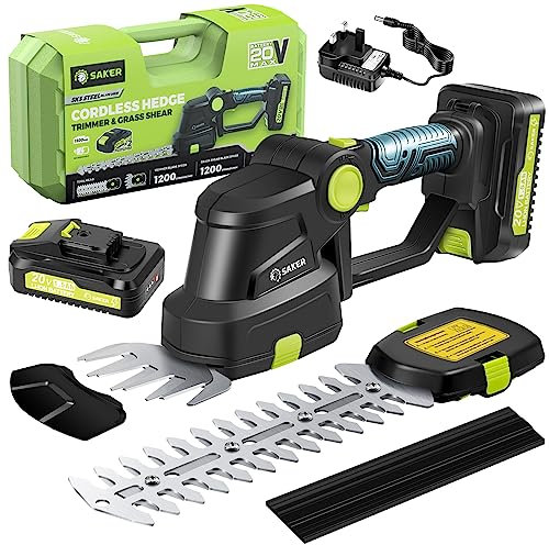 Saker Cordless Hedge Trimmer-20V Electric Shrub Trimmer Grass Shears Handheld Grass Cutter,Hedge Shear with 2 Rechargeable Battery and Charger for Garden,Lawn (SAKER Hedge Trimmer + 2 Battery)
