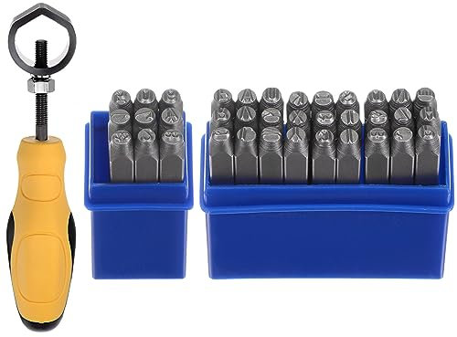 QUARKZMAN 36Stk Metall Stempeln Kit 5/32 (4mm) (A-Z 0-8 & Symbol) Stahl Buchstabe Locher Drücken Werkzeug mit Halter Aufstempeln Metall Plastik Holz Leder Silber