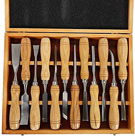 Set di Strumenti per Intaglio del legno12 Pezzi Kit di Utensili manuali Professionali per scalpelli per Intaglio del Legno con Scatola di Legno,Coltello da Intaglio per Legno per Intaglio di Radici