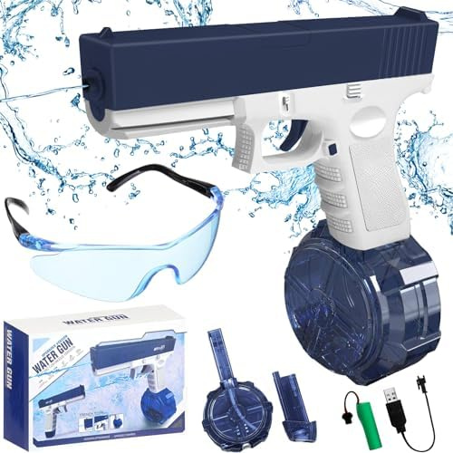 Pistola ad acqua elettrica, pistola ad acqua automatica, grande capacità, con occhiali di protezione per adulti e bambini, pistola a spruzzo ad acqua con ampia portata fino a 7 – 10 m (blu)