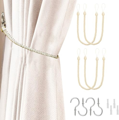4Pcs Rope Curtain Tiebacks, Beige Tie Backs for Curtain, Beige Curtain Tie Simple, Curtain Rope Holder Buckle for Curtain (Beige-4Pcs)
