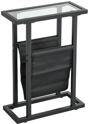 HOMCOM Beistelltisch Nachttisch mit Stoffkorb, 40 x 18 x 55,5 cm, Schwarz | Glasplatte, Couchtisch mit Beinen aus Metall, Wohnzimmertisch Sofatisch, für Wohnzimmer Schlafzimmer