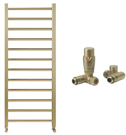 Brushed Brass Bathroom Straight Heated Towel Rail Radiator 500 x 1200 & Dual Fuel Thermostatic Valves
