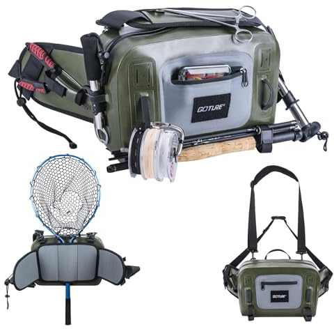 Goture Waterproof Fishing Waist Pack, IPX8 840D TPU Large Fishing Tackle Bag with Rod Holder, 9L Fly Fishing Bag with Airtight Zipper Closure, Sling Fishing Waist Bag, Fishing Fanny Pack