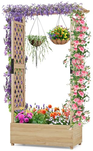 RELAX4LIFE Fioriera da Esterno con Traliccio Superiore e 2 Griglie Laterali, Orto Rialzato da Giardino in Legno di Abete con Drenaggio per Piante Rampicanti, Frutti e Fiori (Naturale, 110x44x182cm)