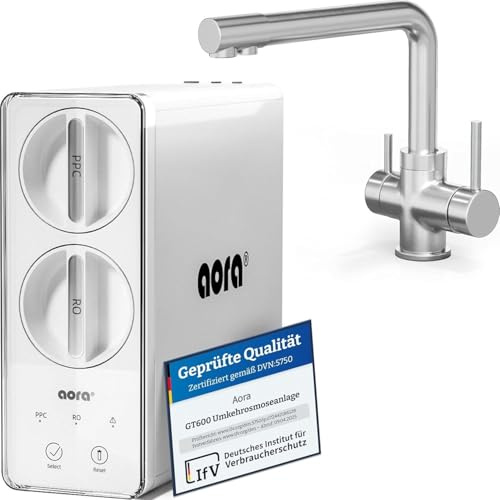 Aora GT600 Sistema de ósmosis inversa + grifo de acero inoxidable de 3 vías SIN perforación – Filtro de agua por ósmosis con filtración de 8 etapas y cambio de filtro en 3 segundos – Sistema de