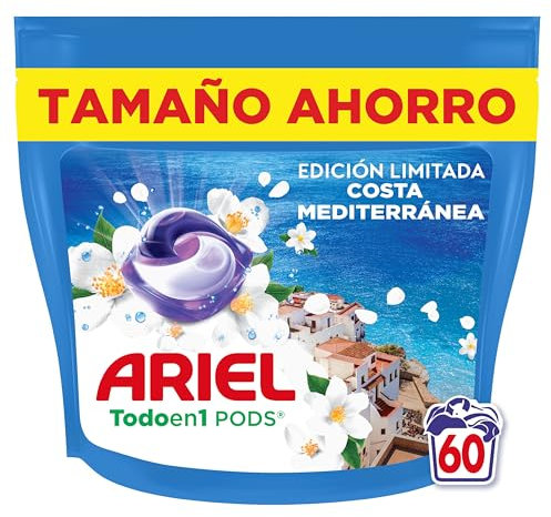 Ariel Todo en 1 PODS Brisa Marina Y Jazmín, Edición Limitada Costa Mediterránea, Detergente Líquido Para Lavadora En Cápsulas, 60 Lavados