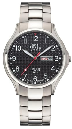 RUHLA-Classic Titan-herrklocka – satinerad och polerad titanhylsa Ø 40 mm – datum- och veckodagsvisning på tyska och engelska – svart urtavla – kvartsurverk – tianglåtband – Made in Germany, silver