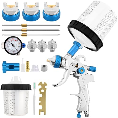 HVLP Pistola de Pintura Profesional, Kit Profesional de Pistola pulverizadora de alimentación por Gravedad de Aire con boquillas con boquillasy válvula regulación de presión, para Pintura (Azul)