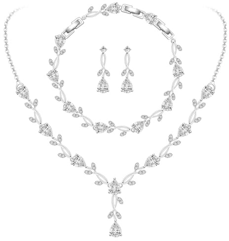 XVICO 3-teiliges Glitzer-Schmuckset, Halskette, Armband & Ohrringe mit Kristall/Zirkonia, Brautschmuck für Hochzeit, Abendparty & Prom