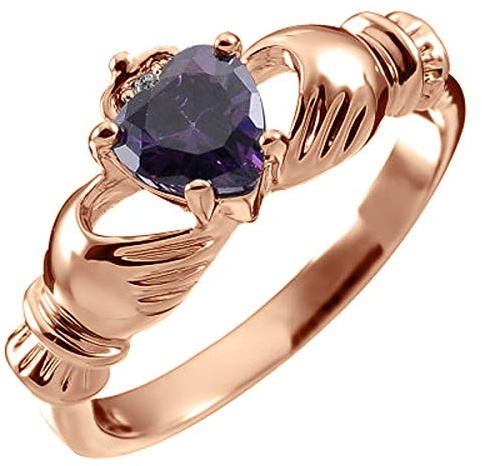 GWG Jewellery Anillo de Claddagh, Chapado en Oro Rosa 18K Dos Manos Que Rodean Corazón de Piedra de Color Amatista Morado con Corona - 8 en Caja de Regalo para Mujeres