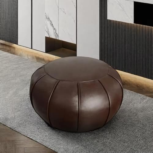 Louis Donné, Pouf artigianale in pelle di prima qualità, realizzato a mano, non imbottito, copertura ottomana, poggiapiedi, cuscino rotondo (marrone scuro)