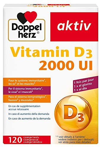 Doppelherz aktiv Vitamin D3 2000 UI, Apoyo inmunitario, huesos y músculos, 50 μg/comprimido, 120 comprimidos esenciales para una salud óptima