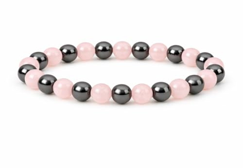 Felicidade Bracciale al quarzo rosa ed ematite perle di dimensioni 6 mm, pietre fini e preziose, bracciale da uomo, regalo per donna, regalo di compleanno, donna, Taglia unica, Pietra semipreziosa,