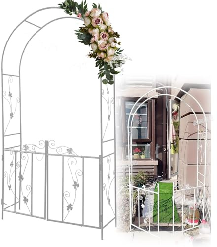 Rosenbogen aus Metall Mit Tür Tor, 110 x 215 x 37 cm Gartenbogen für Kletterpflanzen, Torbogen, Rankbogen Rosen, Wetterfeste Rankhilfe für Garten Rasen drinnen und draußen(White)