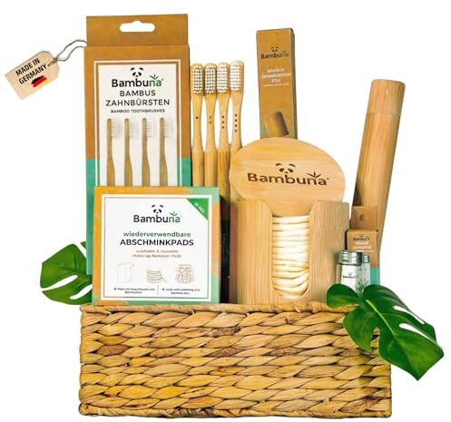 BAMBUNA Geschenkset - 4 Stk Bambus Handzahnbürsten - 1x Abschminkpads mit Holzbox - 1x vegane Zahnseide - 1x Zahnbürsten Reise Etui - Zahnpflege Set - inklusive edlem Geschenkkorb