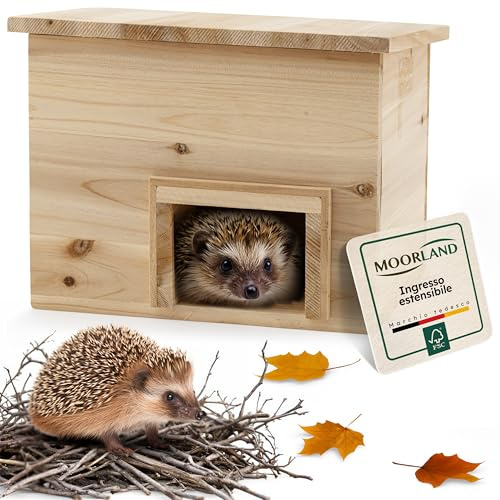 Moorland Igelhaus winterfestes Überwinterungs- & Schlafhaus aus FSC-Holz, 20×20 cm, mit Boden, ausziehbarer Labyrinth-Eingang & festem Dach – wetterfestes Igelhotel für den Garten – IH6