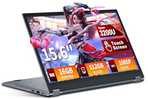 2 en 1 Ordenador Portátil 15,6 Pulgadas con Pantalla Táctil Procesador, Ryzen R3-3200U PC Portátil 16GB RAM 512GB SSD 360° Pantalla Táctil WIN 11 Laptop FHD IPS RJ45 Teclado Retroiluminado HDMI
