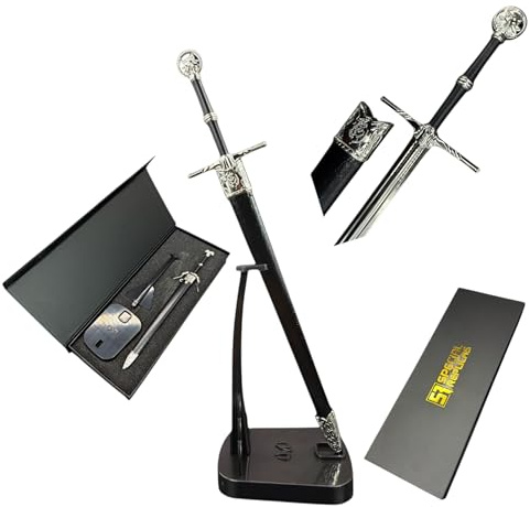 57 SPECIAL REPLICAS Mini Armerad svärd brevöppnare, 22 cm, The Wittcherr inspirerad, med skida, stativ och presentförpackning KW1136