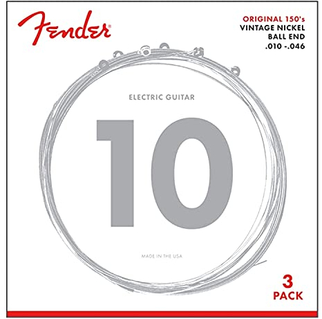 Fender Original 150 Guitar Strings, Pure Nickel Wound, Ball End, 150R .010-.046 Gauges, 3-Pack