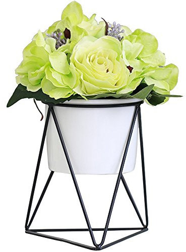Ganeep Plantador de macetas de cerámica de Planta pequeña de Escritorio Blanco Moderno con portatarjetas de Hierro geométrico Amarillo para Cactus de Hierbas de Plantas suculentas (Color : Black)