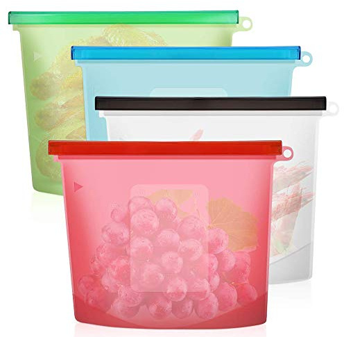 4pcs Sacs alimentaires réutilisables en silicone Sachet de Nourriture de Silicone avec Clip pour sandwich/déjeuner/fruits, Résistants aux fuites, au congélateur, au micro-ondes et au congélateur